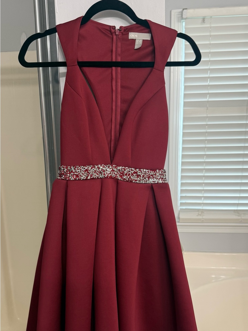 ASOS Wine Red Beaded Waist V-Neck Prom Dress